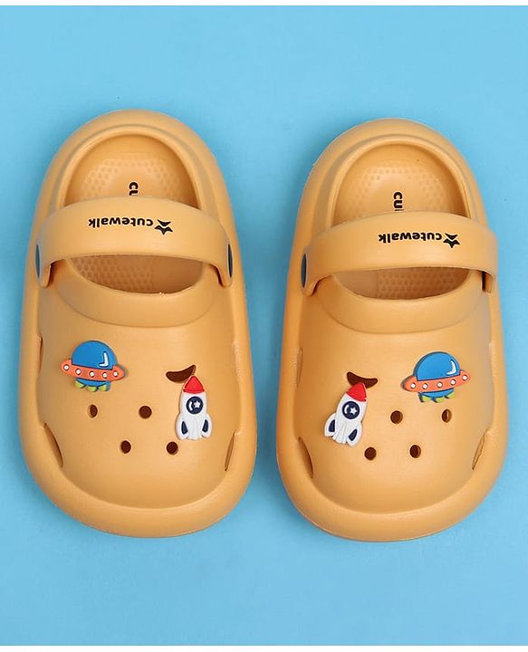 Cute Walk by Babyhug Back Strap Clousre Clogs With Rocket & UFO Applique - Mustard