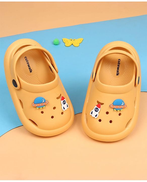 Cute Walk by Babyhug Back Strap Clousre Clogs With Rocket & UFO Applique - Mustard