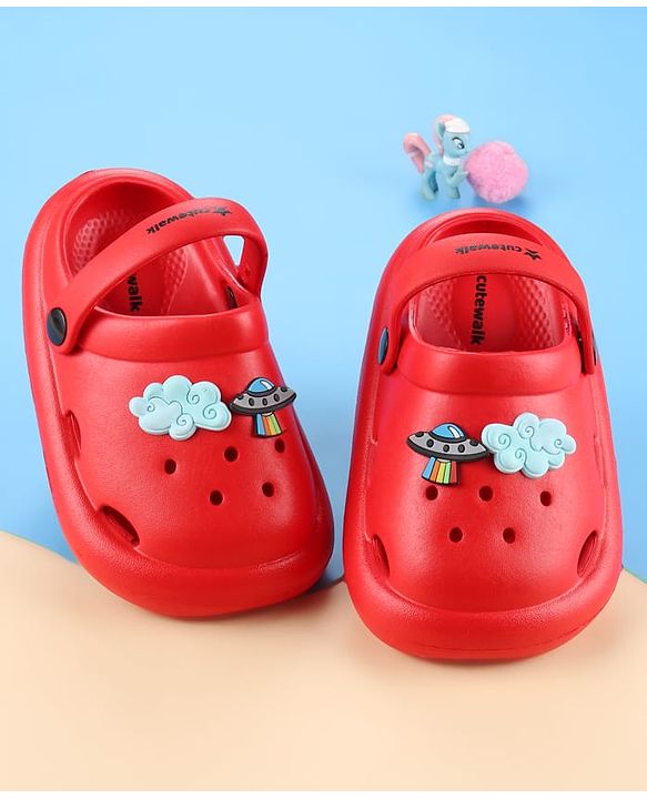 Cute Walk by Babyhug Back Strap Closure Solid Coloured Clogs With Applique - Red