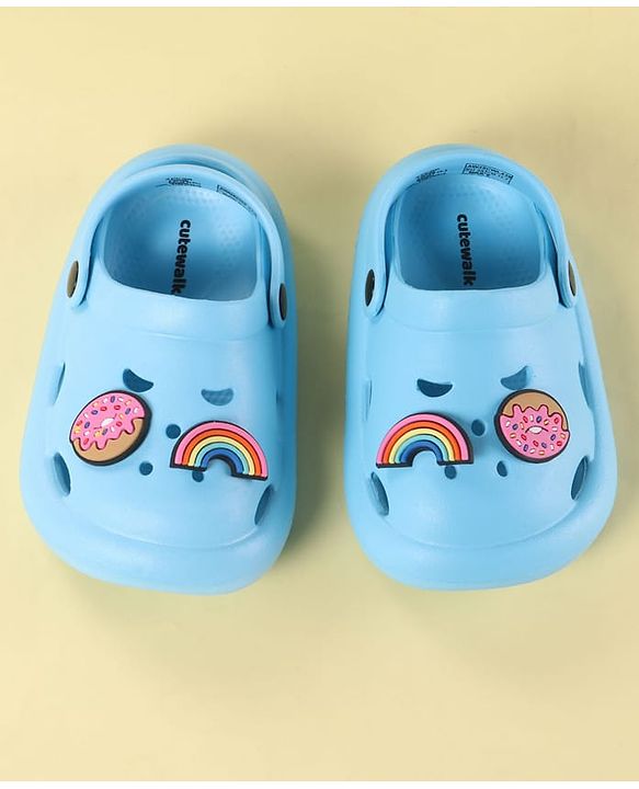Cute Walk by Babyhug Back Strap Clogs with Donuts & Rainbow Applique - Light Blue