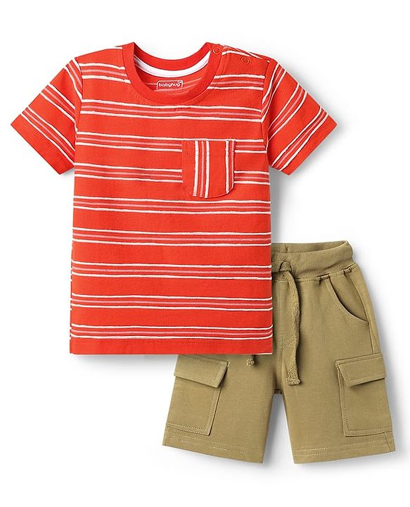 Babyhug Single Jersey Knit Half Sleeves Striped T-Shirt & Shorts Set - Red & Khaki