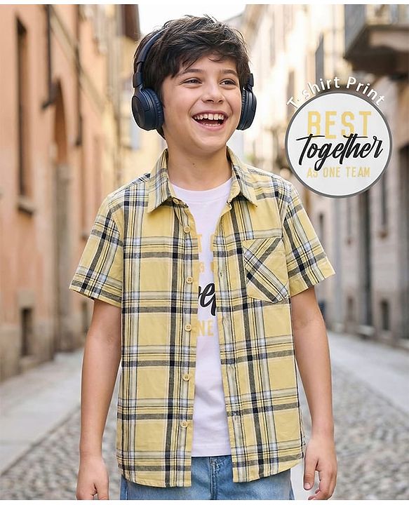 Pine Kids 100% Cotton Half Sleeves Checks Shirt With Text Printed Tank T-Shirt - Yellow & White