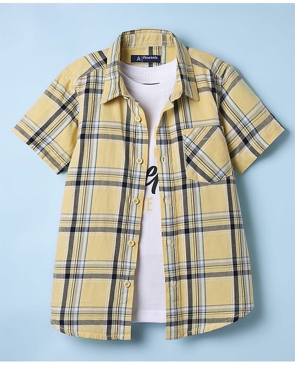 Pine Kids 100% Cotton Half Sleeves Checks Shirt With Text Printed Tank T-Shirt - Yellow & White