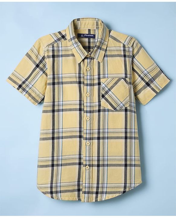Pine Kids 100% Cotton Half Sleeves Checks Shirt With Text Printed Tank T-Shirt - Yellow & White