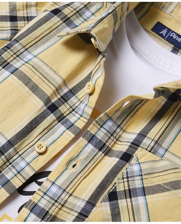 Pine Kids 100% Cotton Half Sleeves Checks Shirt With Text Printed Tank T-Shirt - Yellow & White