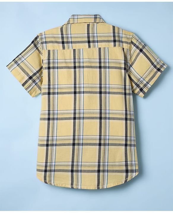 Pine Kids 100% Cotton Half Sleeves Checks Shirt With Text Printed Tank T-Shirt - Yellow & White
