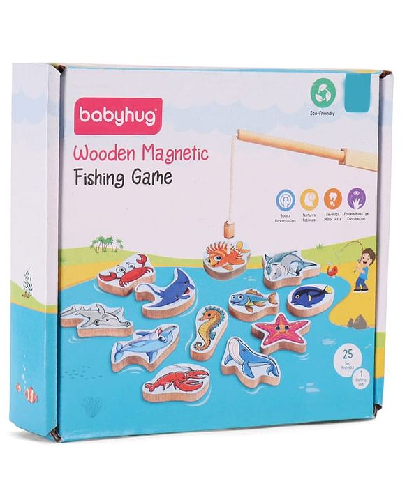 Babyhug Wooden Magnetic Fishing Game Toy - Multicolour | 18 Sea Animals  & 1 Road | Educational And Interactive Activity Toy | BIS Certified
