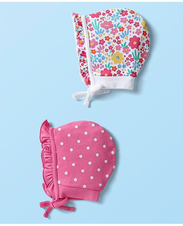 Babyhug 100% Cotton Interlock Knit Cap with Knot Floral Print Polka Dot & Frill Design Pack of 2 Pink - Circumference 29 cm