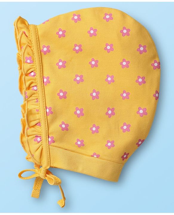 Babyhug 100% Cotton Bonnet Bonnet Caps Floral & Butterfly Print Pack of 2 White & Yellow - Diameter 15 cm