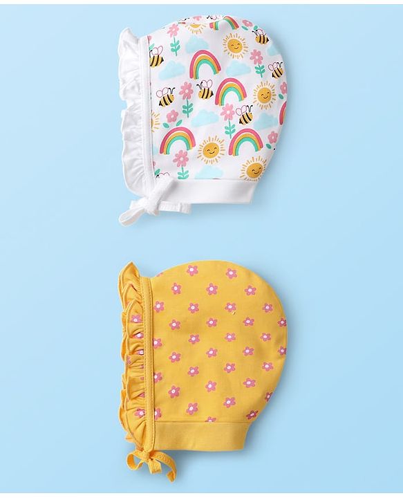 Babyhug 100% Cotton Bonnet Bonnet Caps Floral & Butterfly Print Pack of 2 White & Yellow - Diameter 15 cm
