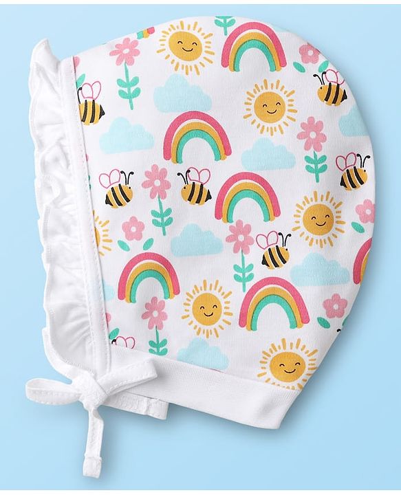 Babyhug 100% Cotton Bonnet Bonnet Caps Floral & Butterfly Print Pack of 2 White & Yellow - Diameter 15 cm