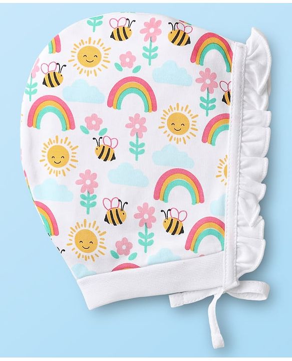 Babyhug 100% Cotton Bonnet Bonnet Caps Floral & Butterfly Print Pack of 2 White & Yellow - Diameter 15 cm
