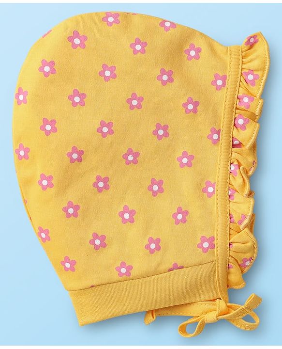 Babyhug 100% Cotton Bonnet Bonnet Caps Floral & Butterfly Print Pack of 2 White & Yellow - Diameter 15 cm