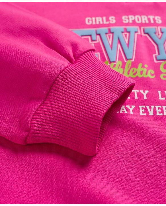 Pine Kids Cotton Knit Full Sleeves Hooded Sweatshirt With New York Print - Dark Pink & White