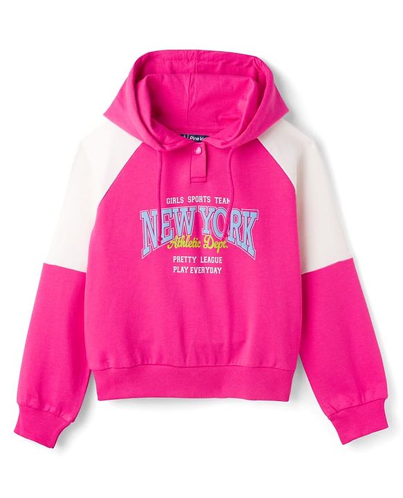 Pine Kids Cotton Knit Full Sleeves Hooded Sweatshirt With New York Print - Dark Pink & White