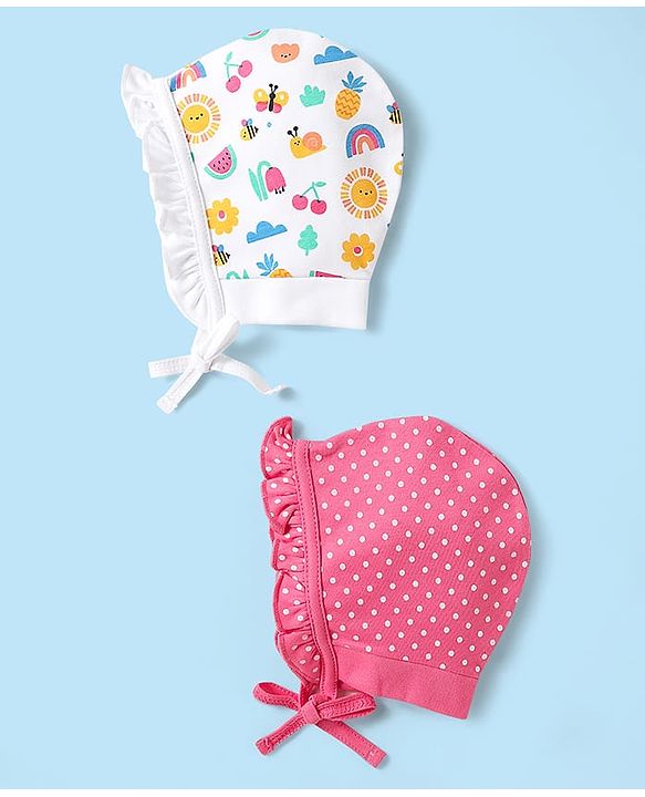 Babyhug 100% Cotton Knit Caps with Polka Dot & Tropical Print Pack of 2 Dark Pink & White - Diameter 14.5 cm