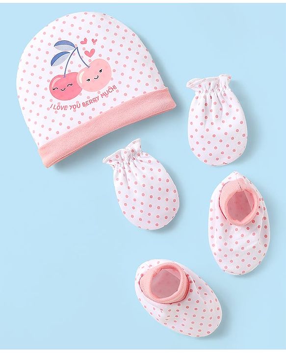 Babyhug 100% Cotton Knit Cap Mittens & Booties Set with Polka Dots & Berry Print White - Diameter 10 cm