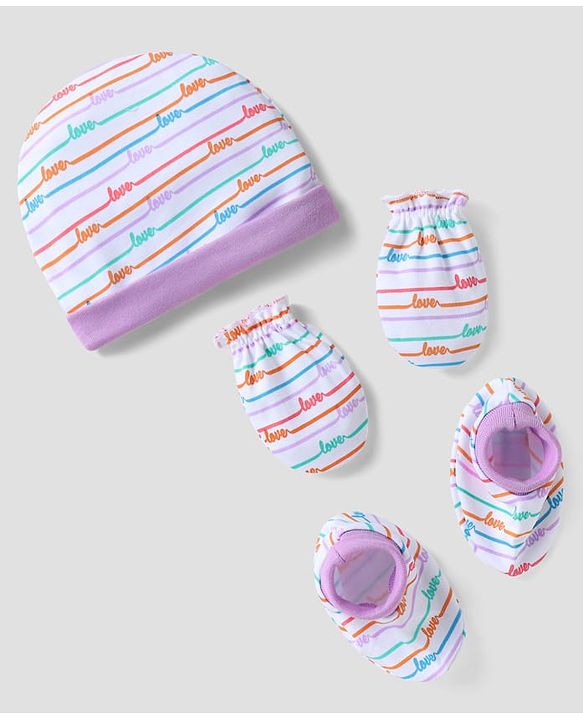 Babyhug 100% Cotton Cap Mittens And Booties With Stripes & Love Printed Lilac -Diameter 14 cm