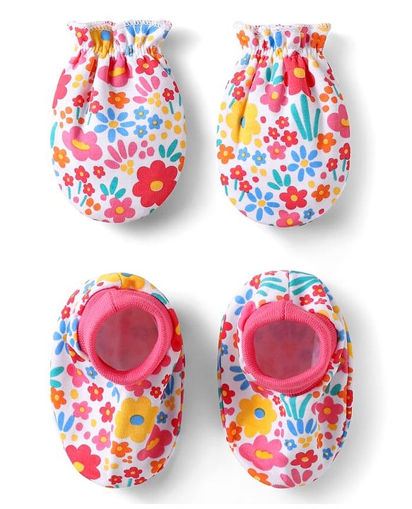 Babyhug 100% Cotton Interlock Knit Mittens & Booties With Floral Print - Pink