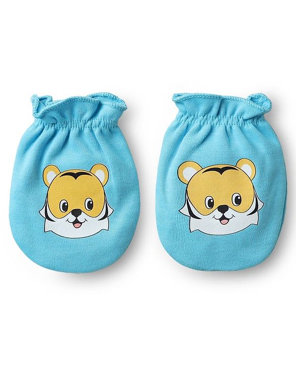 Babyhug 100% Cotton Knit Mittens with Animal Print & Stripes Pack of 3 - Red Aqua Blue & White