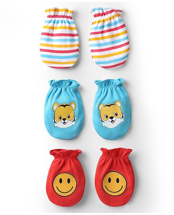 Babyhug 100% Cotton Knit Mittens with Animal Print & Stripes Pack of 3 - Red Aqua Blue & White