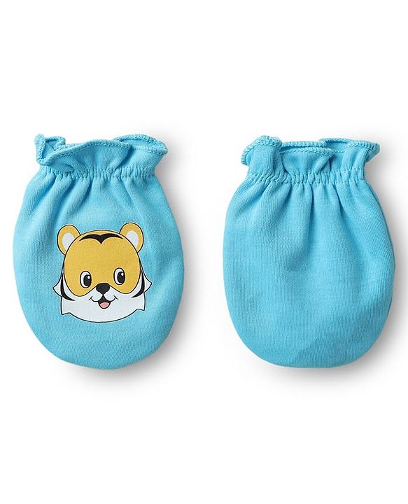Babyhug 100% Cotton Knit Mittens with Animal Print & Stripes Pack of 3 - Red Aqua Blue & White