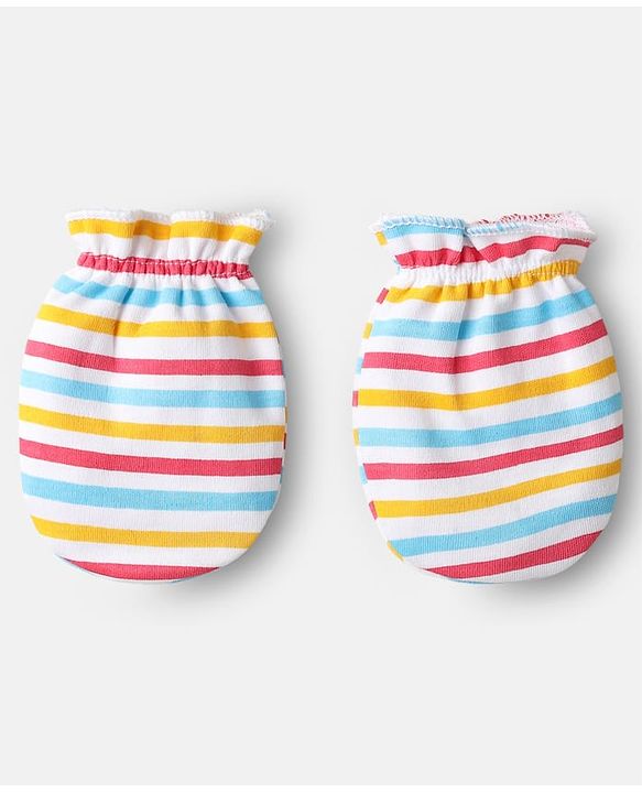 Babyhug 100% Cotton Knit Mittens with Animal Print & Stripes Pack of 3 - Red Aqua Blue & White