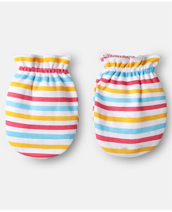 Babyhug 100% Cotton Knit Mittens with Animal Print & Stripes Pack of 3 - Red Aqua Blue & White