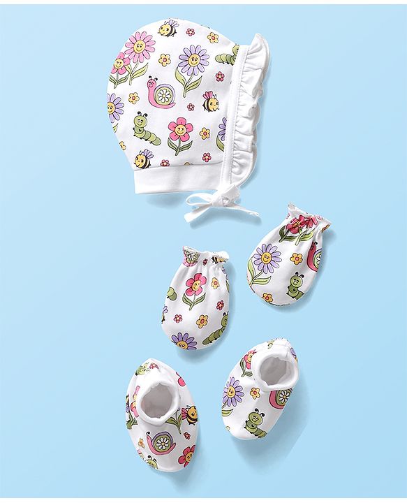 Babyhug Interlock Knit Cap Mittens And Booties with Floral Print White - Diameter 18 cm
