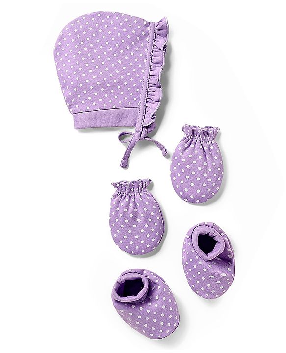 Babyhug 100% Cotton Knit Cap Mittens & Booties With Polka Dot Print Lavender - Circumference 29 cm