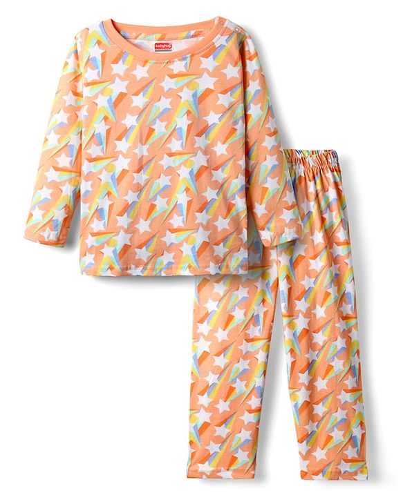 Babyhug Cotton Knit Full Sleeves Co-Ord Night Suit With Star Print - Orange