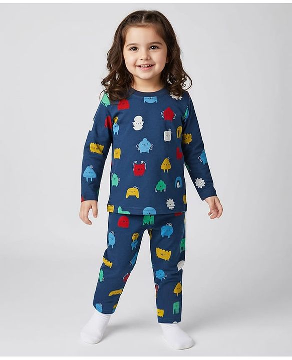 Babyhug Cotton Knit Full Sleeves Printed Co-Ord Night Suit - Navy Blue