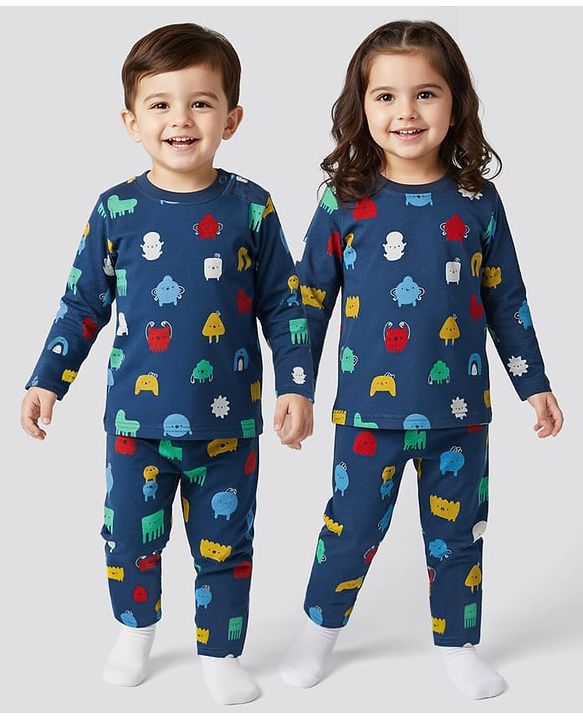 Babyhug Cotton Knit Full Sleeves Printed Co-Ord Night Suit - Navy Blue