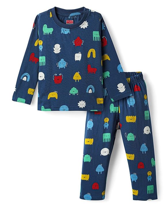 Babyhug Cotton Knit Full Sleeves Printed Co-Ord Night Suit - Navy Blue