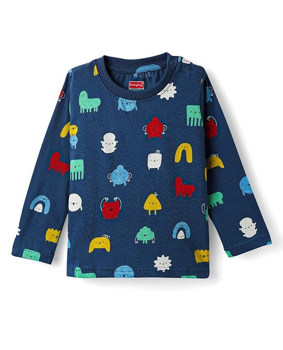 Babyhug Cotton Knit Full Sleeves Printed Co-Ord Night Suit - Navy Blue