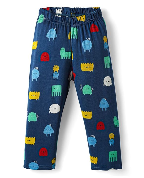 Babyhug Cotton Knit Full Sleeves Printed Co-Ord Night Suit - Navy Blue