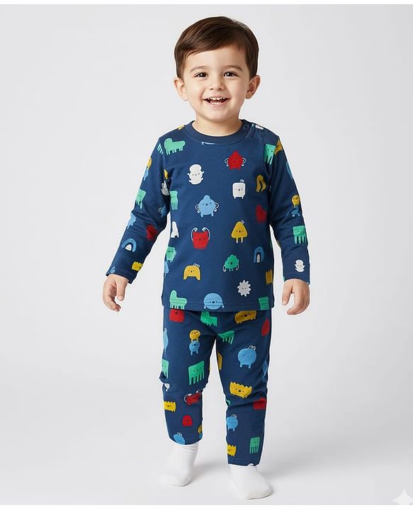Babyhug Cotton Knit Full Sleeves Printed Co-Ord Night Suit - Navy Blue