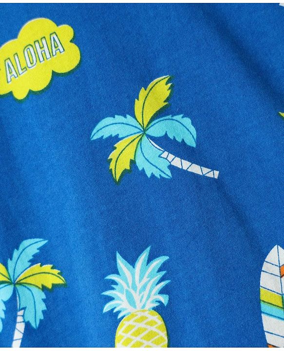 Babyhug Cotton Knit Full Sleeves Co-Ord Night Suit With Tropical Theme Print - Blue