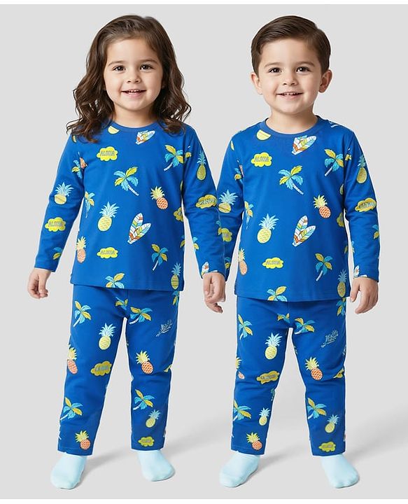 Babyhug Cotton Knit Full Sleeves Co-Ord Night Suit With Tropical Theme Print - Blue