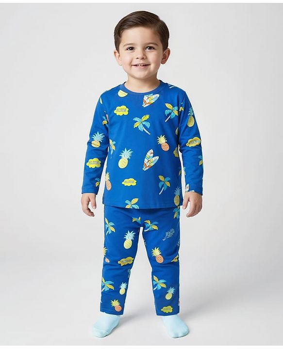 Babyhug Cotton Knit Full Sleeves Co-Ord Night Suit With Tropical Theme Print - Blue