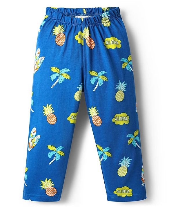 Babyhug Cotton Knit Full Sleeves Co-Ord Night Suit With Tropical Theme Print - Blue