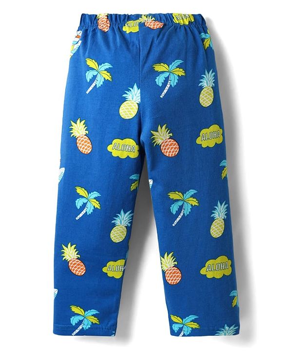 Babyhug Cotton Knit Full Sleeves Co-Ord Night Suit With Tropical Theme Print - Blue