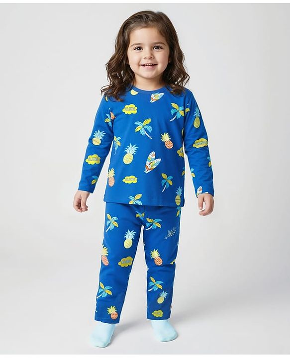 Babyhug Cotton Knit Full Sleeves Co-Ord Night Suit With Tropical Theme Print - Blue