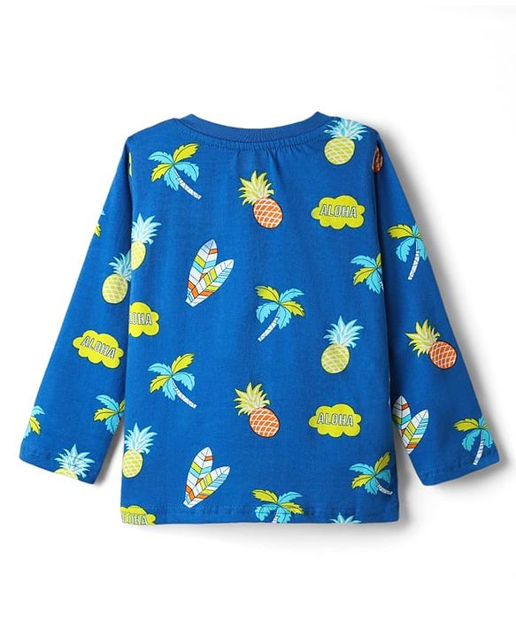 Babyhug Cotton Knit Full Sleeves Co-Ord Night Suit With Tropical Theme Print - Blue