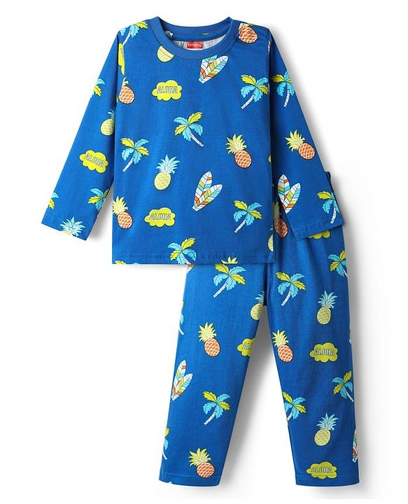 Babyhug Cotton Knit Full Sleeves Co-Ord Night Suit With Tropical Theme Print - Blue