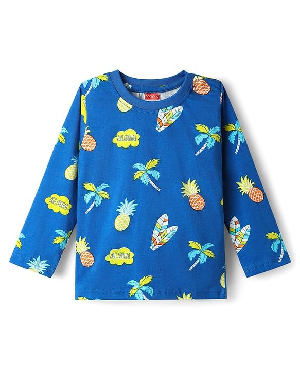 Babyhug Cotton Knit Full Sleeves Co-Ord Night Suit With Tropical Theme Print - Blue