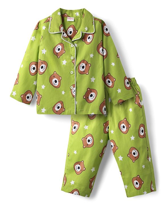 Babyhug Cotton Woven Full Sleeves Front Open Co-Ord Night Suit With Bear Print - Green