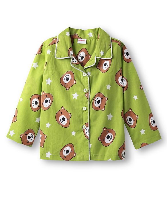 Babyhug Cotton Woven Full Sleeves Front Open Co-Ord Night Suit With Bear Print - Green