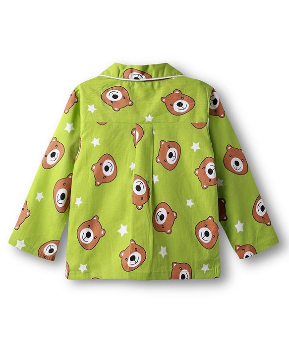 Babyhug Cotton Woven Full Sleeves Front Open Co-Ord Night Suit With Bear Print - Green