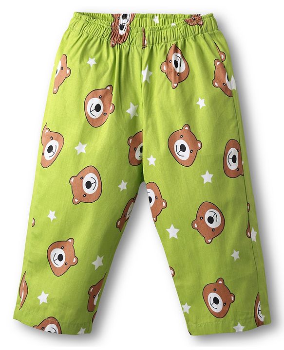 Babyhug Cotton Woven Full Sleeves Front Open Co-Ord Night Suit With Bear Print - Green